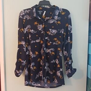Navy Blue/Yellow/White d.n.a. couture Floral Button-Up Collared Blouse | Size M